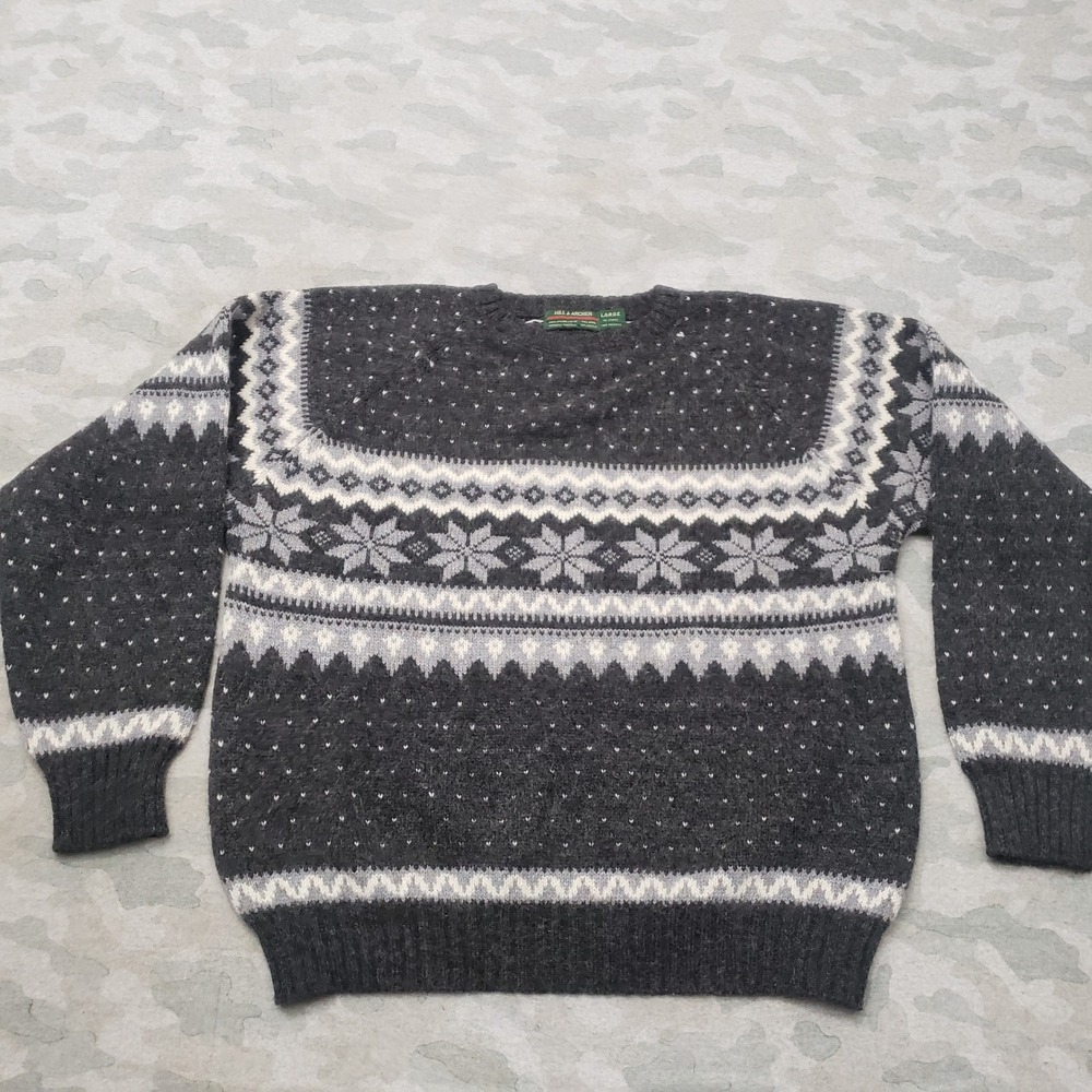 Vintage Hill & Archer Sweater Women Large Gray Fair Isle Wool Blend Birds Eye